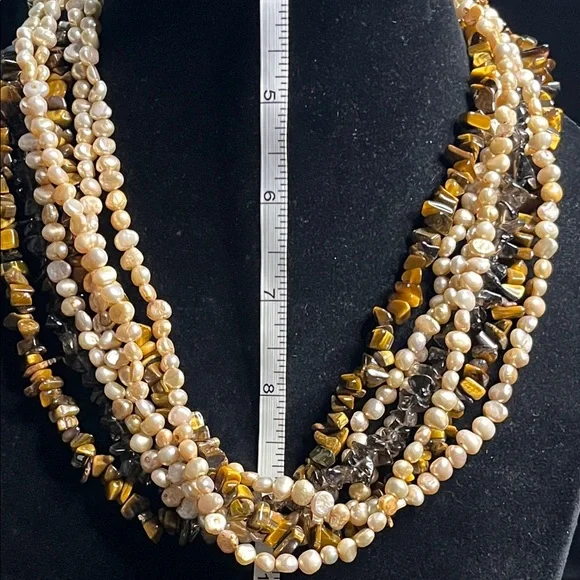 1531 Ross-Simons 7-Strand Necklace w/ Genuine Pearl, Tigers Eye and Smoky Quartz